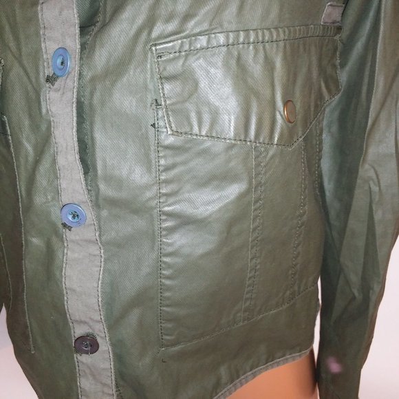 Hei Hei Anthropologie Jacket Small Green Wax Coated Collared Solid Button Long S - Picture 7 of 12
